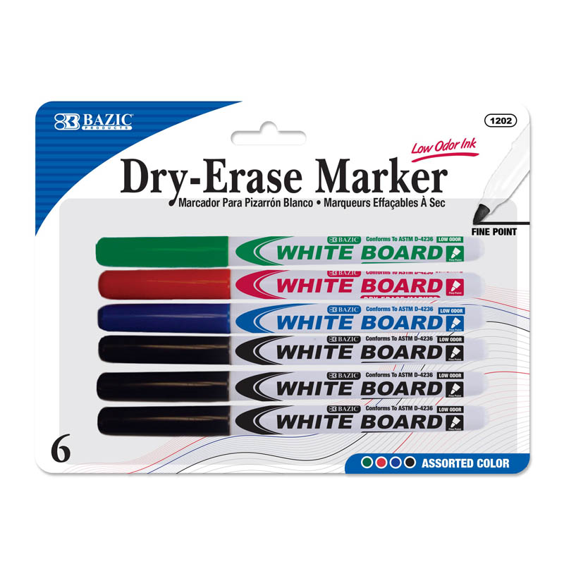 Bazic Dry Erase Whiteboard Marker, Assorted Colors - 6 pack