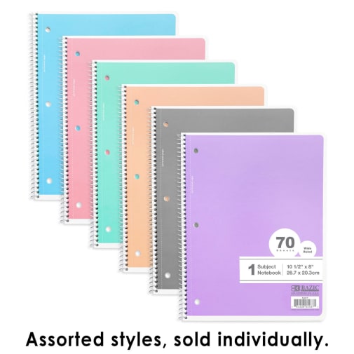 Spiral-Bound Wide Ruled 1-Subject Pastel Notebook 70 Sheets (assorted color)