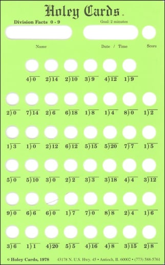 Holey Card Division Facts w/ answers 0-9