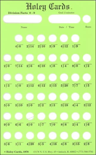 Holey Card Division Facts w/ answers 0-9