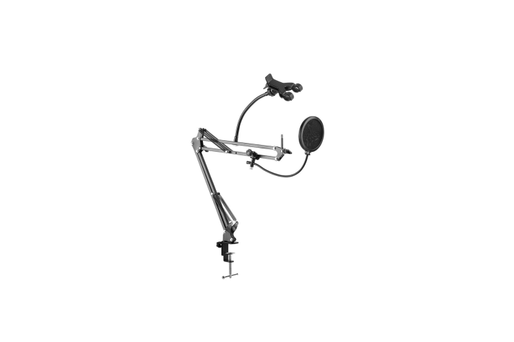 Deskmount Microphone Stand With Rotating Phone Holder &amp; Pop-Filter MDS-28