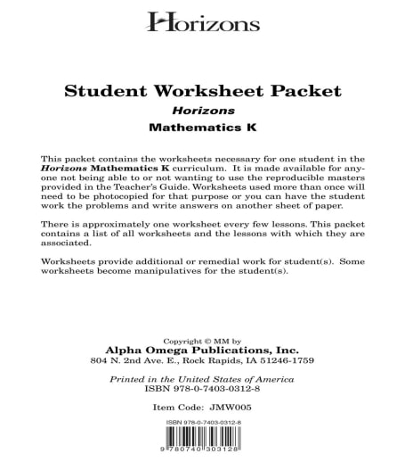 Horizons Math K Worksheet Packet