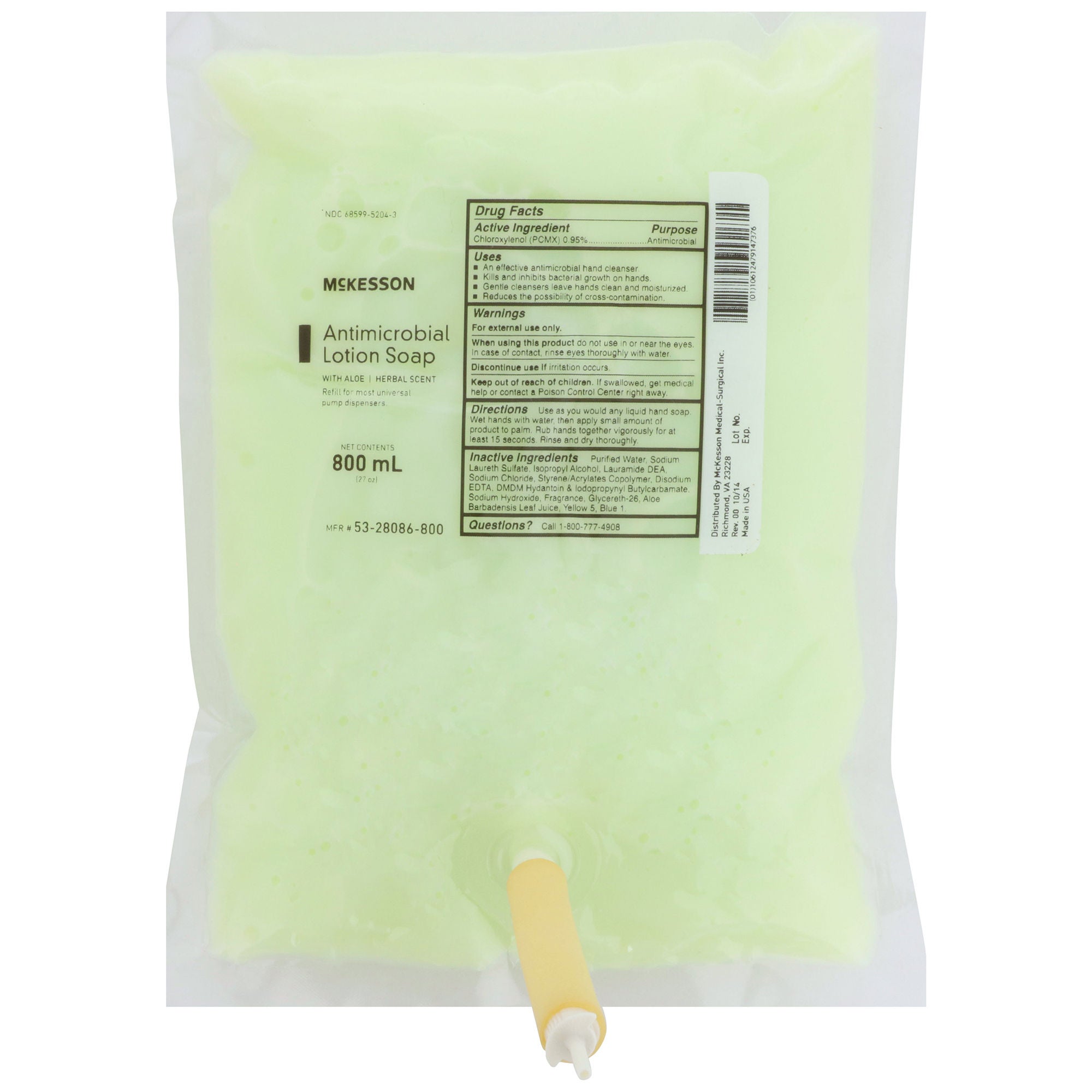 McKesson Antimicrobial Lotion Soap, Herbal Scent, 800 mL, Dispenser Refill Bag MK 510349