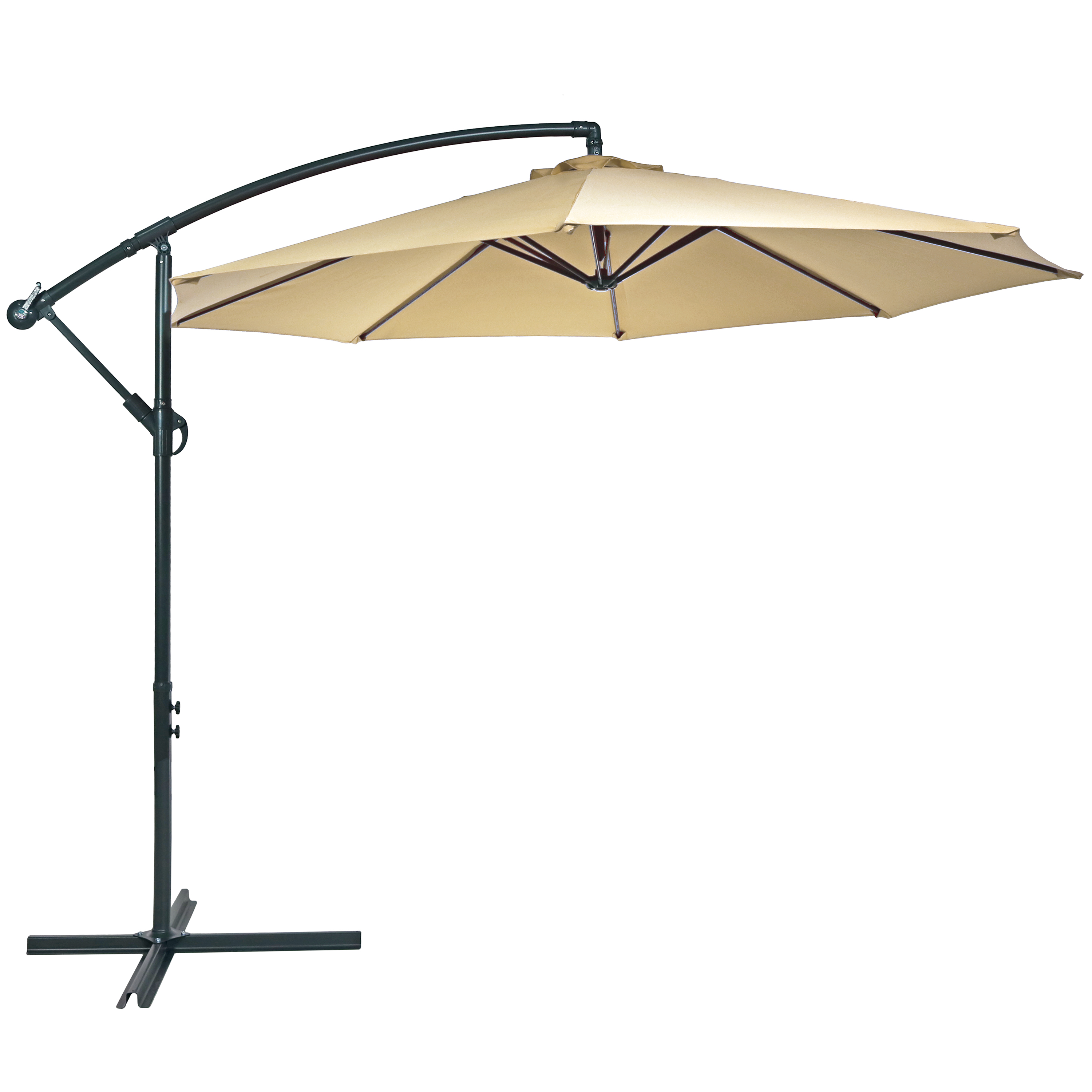 Sunnydaze Steel 10-Foot Offset Patio Umbrella with Cantilever, Crank, and Cross Base, 8 Steel Ribs, Beige