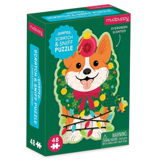 Mudpuppy Christmas Corgi 48 Piece Scratch and Sniff Shaped Mini Puzzle