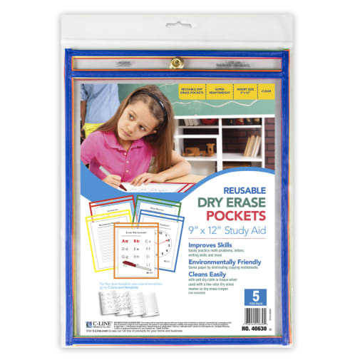 Reusable Dry Erase Pockets 9 x 12 Assorted Primary Colors (5 Pack)