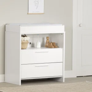 Changing table with removable rim, drawers, and open storage