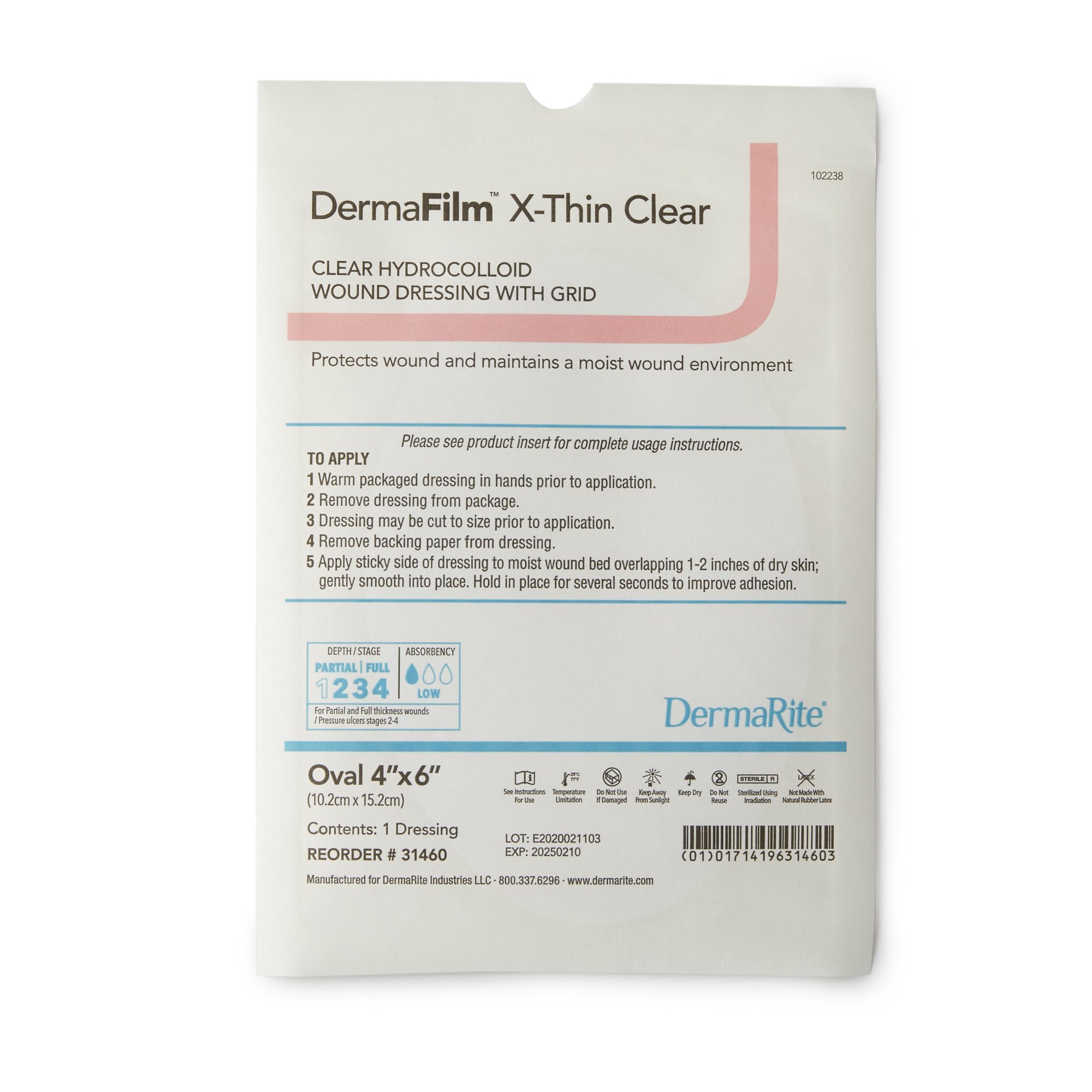 DermaFilm Thin Hydrocolloid Dressing, 4 x 6 Inch Oval MK 1095074