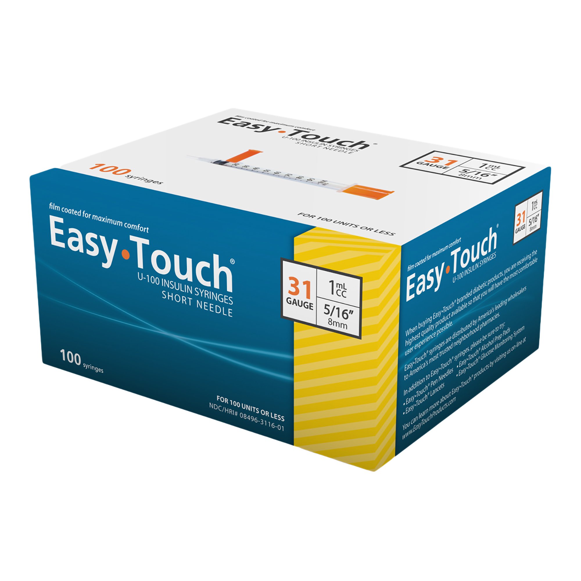 Standard Insulin Syringe with Needle EasyTouch 1 mL 5/16 Inch 31 Gauge NonSafety Thin Wall MK 1156910