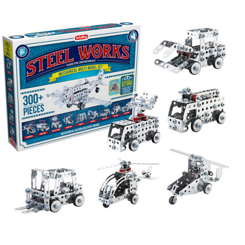 Schylling Brand Classic Steel Works Mechanical Multi-Model Construction  Building Kit - 300 Piece All-Metal Set with Tools and Instructions Included  