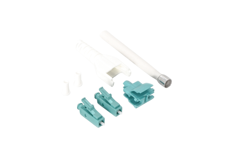 LC/UPC OM3 Duplex Multimode Uniboot Connector – Aqua-White, 10-Pack