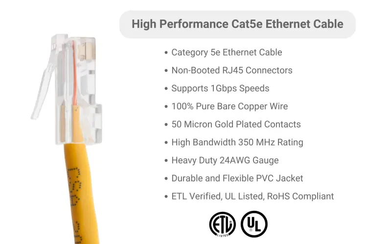 Cat5e Ethernet Patch Cable, Non-Booted, UTP, 5 ft, Yellow