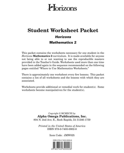 Horizons Math 2 Worksheet Packet