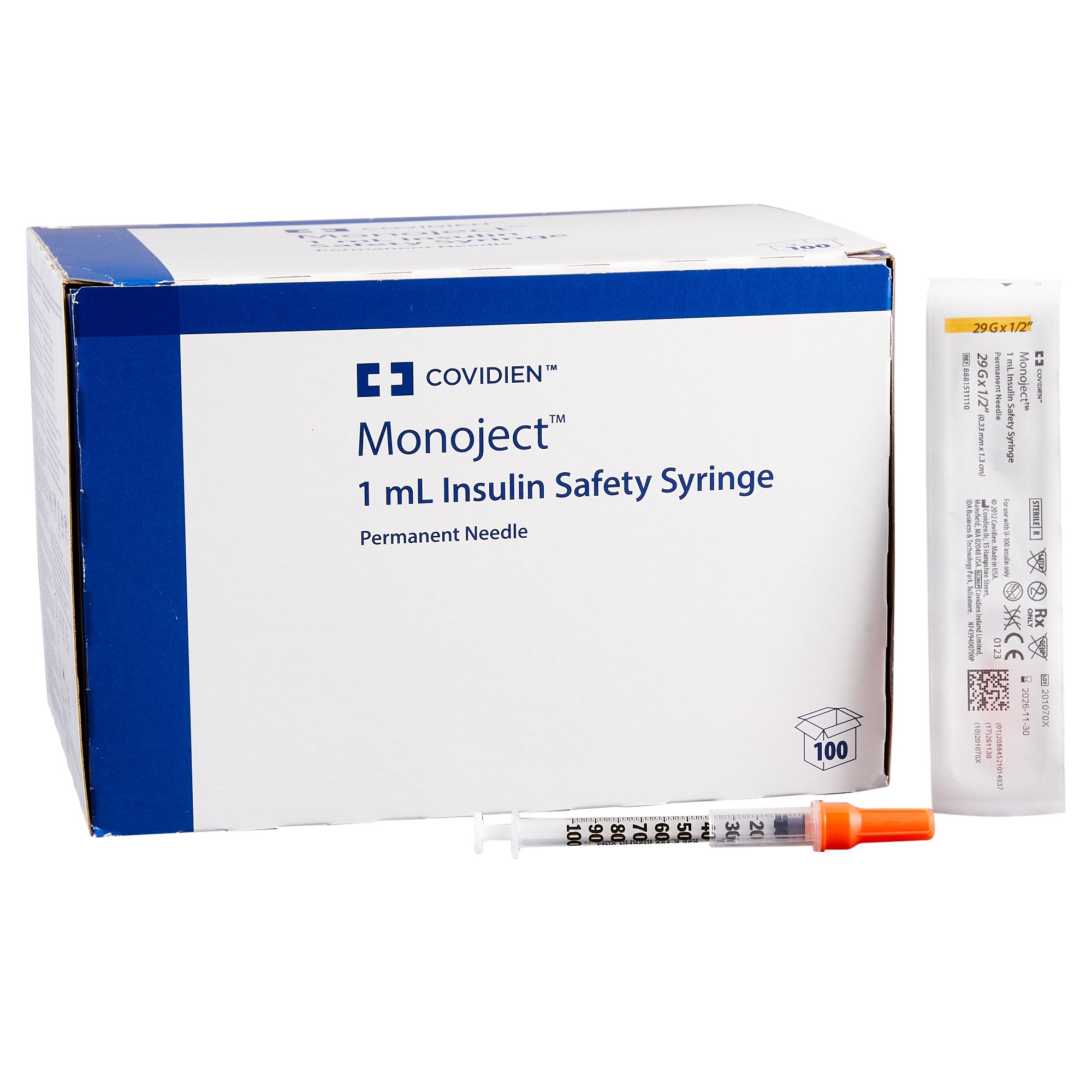 Monoject Insulin Syringe with Needle, 29 Gauge, 1/2 Inch Needle Length MK 222743