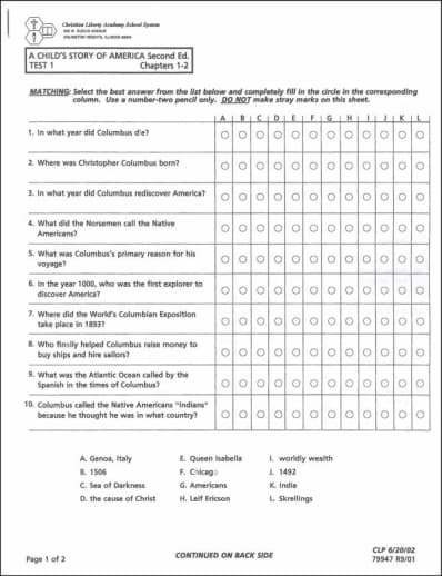 Child's Story of America Test Packet