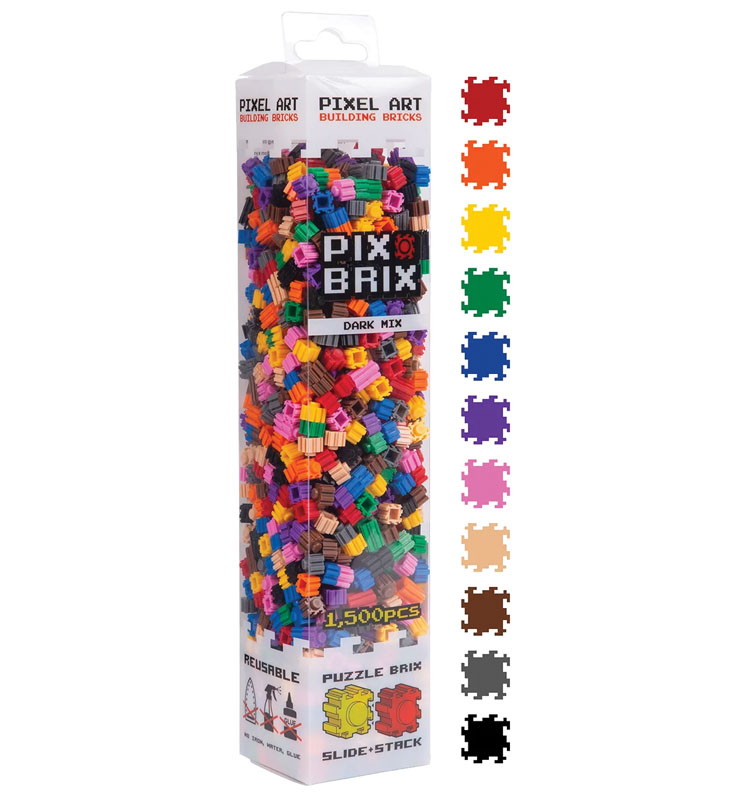 Pix Brix Pixel Art Puzzle Bricks Bucket – 1,500 Piece Pixel Art Kit with 11  Colors, Dark Palette – Interlocking Building Bricks, 2D and 3D Builds –