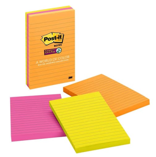 Post-It Super Sticky Notes 4" x 6", Lined, Rio de Janeiro Collection, 3 Pads/90 Sheets