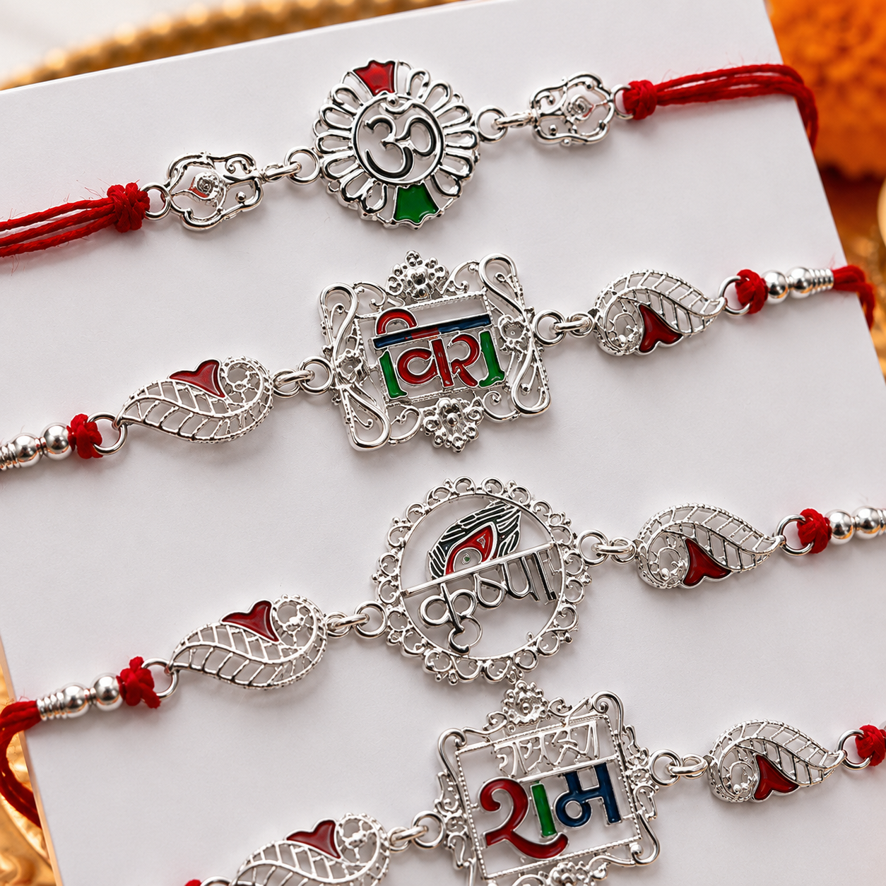 Silver Plated Spiritual Rakhi Set of 4 for Brother | Om, Ram, Krishna & Veera Designer Rakhi |