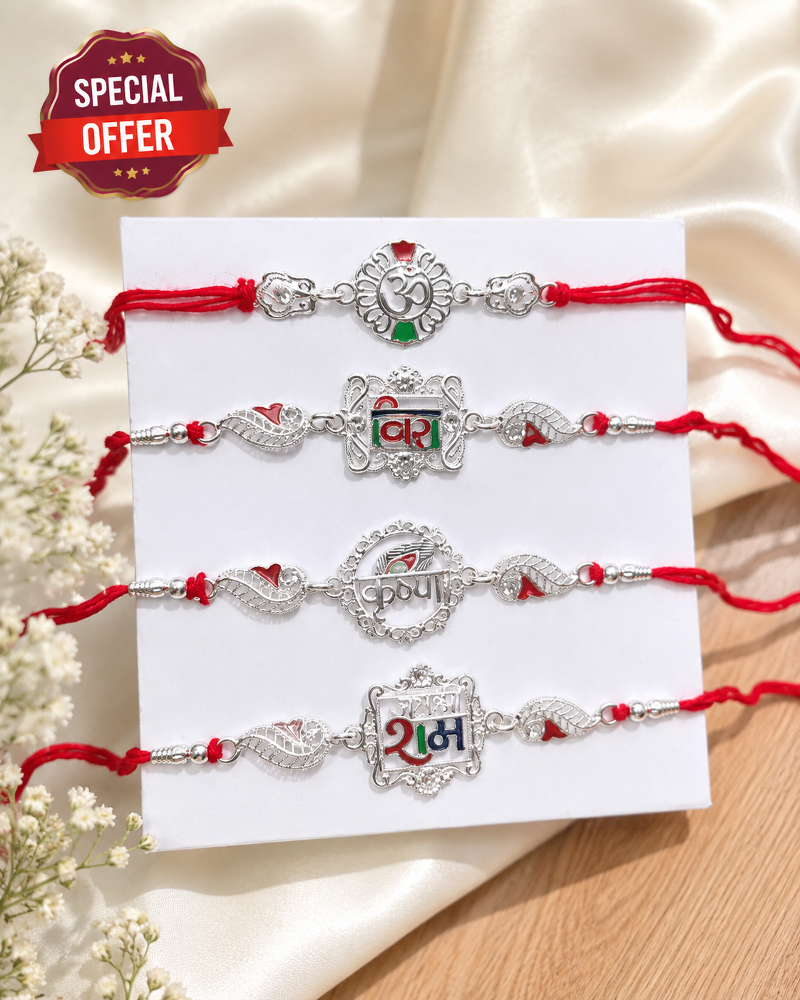 Silver Plated Spiritual Rakhi Set of 4 for Brother | Om, Ram, Krishna & Veera Designer Rakhi |