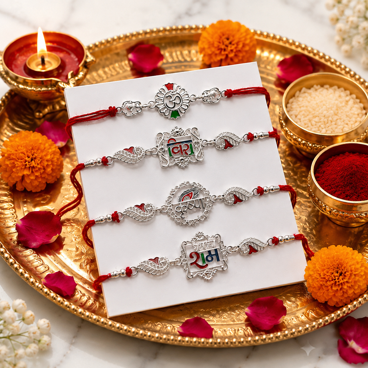 Silver Plated Spiritual Rakhi Set of 4 for Brother | Om, Ram, Krishna & Veera Designer Rakhi |