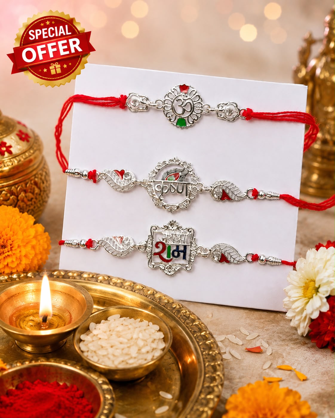 Premium Silver Plated Designer Rakhi Set for Brother | 3 Designer Rakhis with Red Thread | Traditional Raksha Bandhan Rakhi Combo