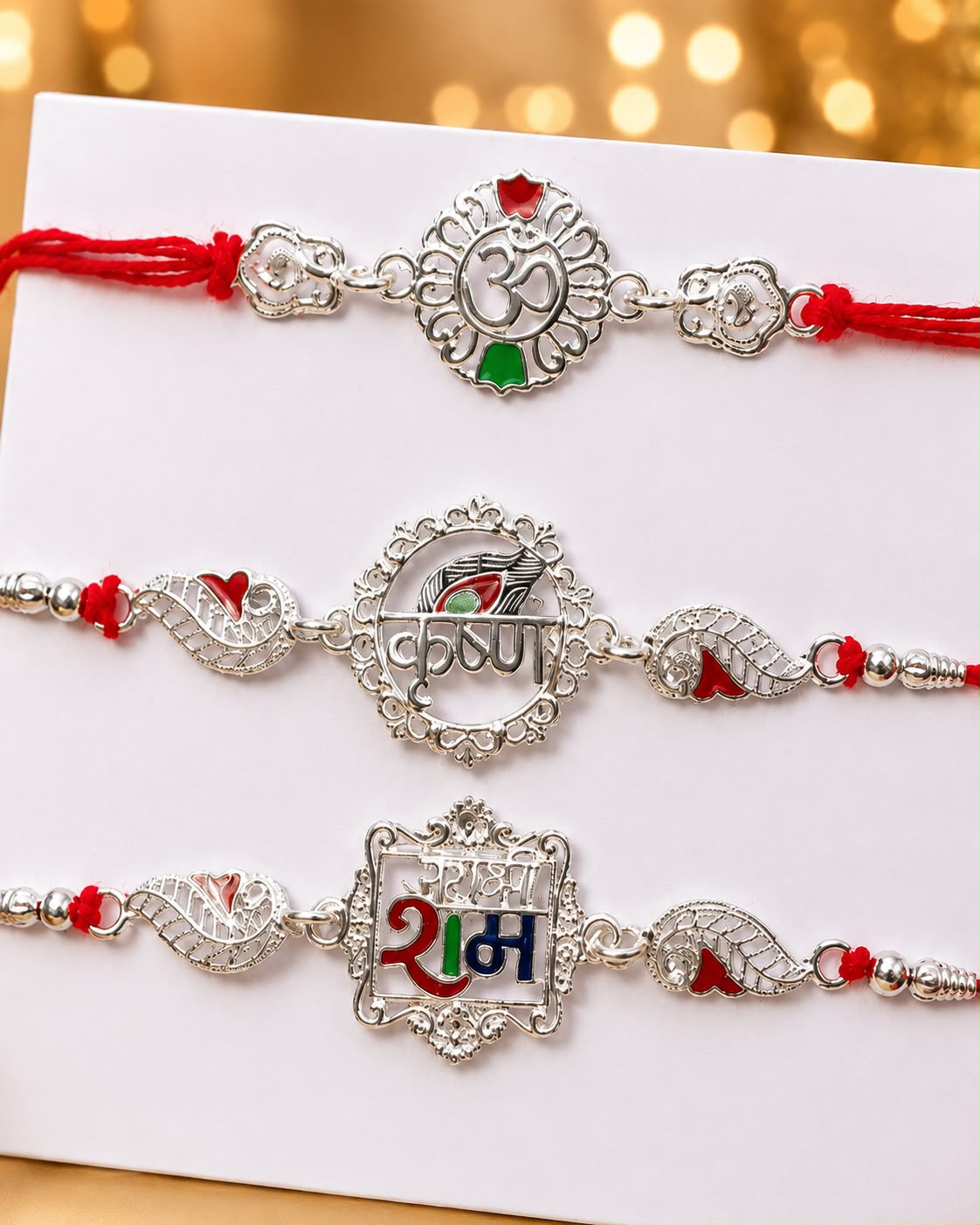 Premium Silver Plated Designer Rakhi Set for Brother | 3 Designer Rakhis with Red Thread | Traditional Raksha Bandhan Rakhi Combo