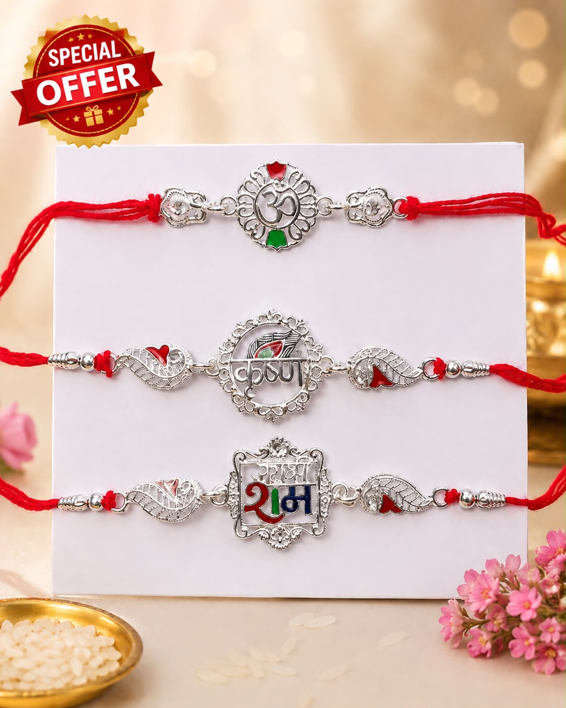 Premium Silver Plated Designer Rakhi Set for Brother | 3 Designer Rakhis with Red Thread | Traditional Raksha Bandhan Rakhi Combo