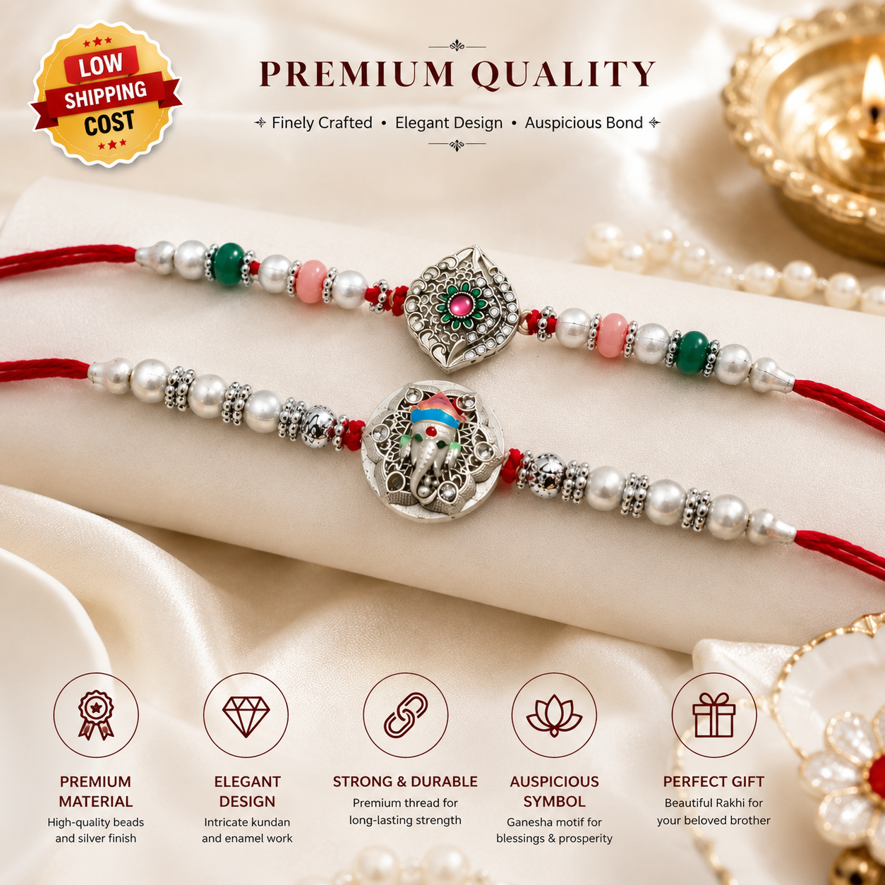 Silver Rakhi Pack of 2 || Ganesha & Kundan Rakhi