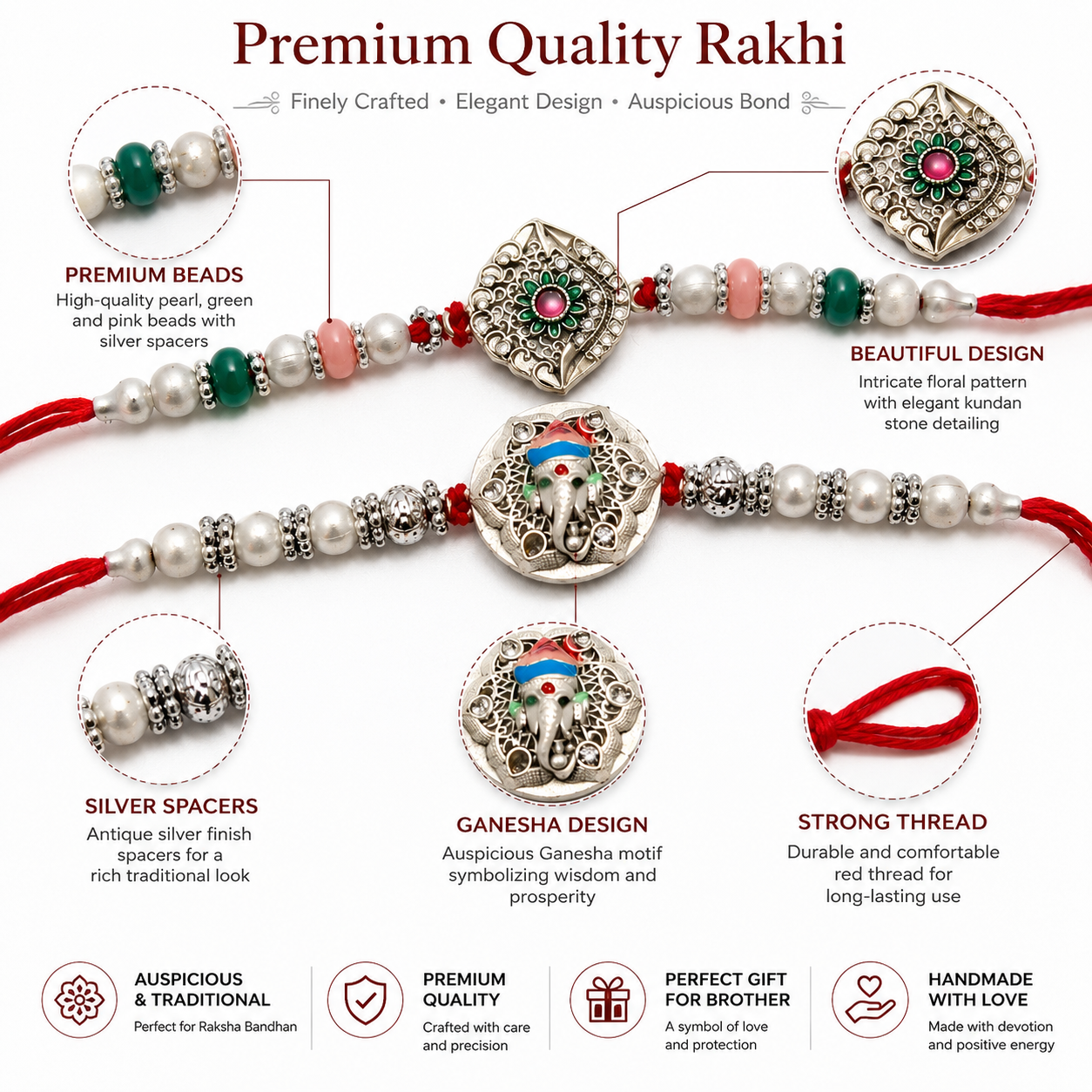 Silver Rakhi Pack of 2 || Ganesha & Kundan Rakhi
