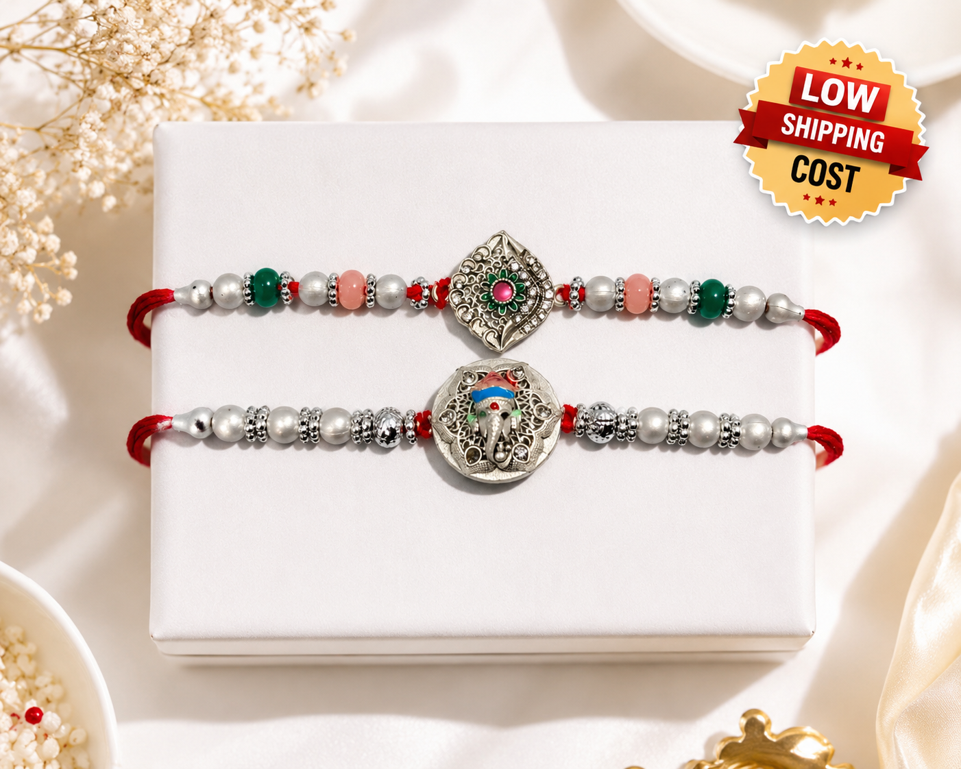 Silver Rakhi Pack of 2 || Ganesha & Kundan Rakhi