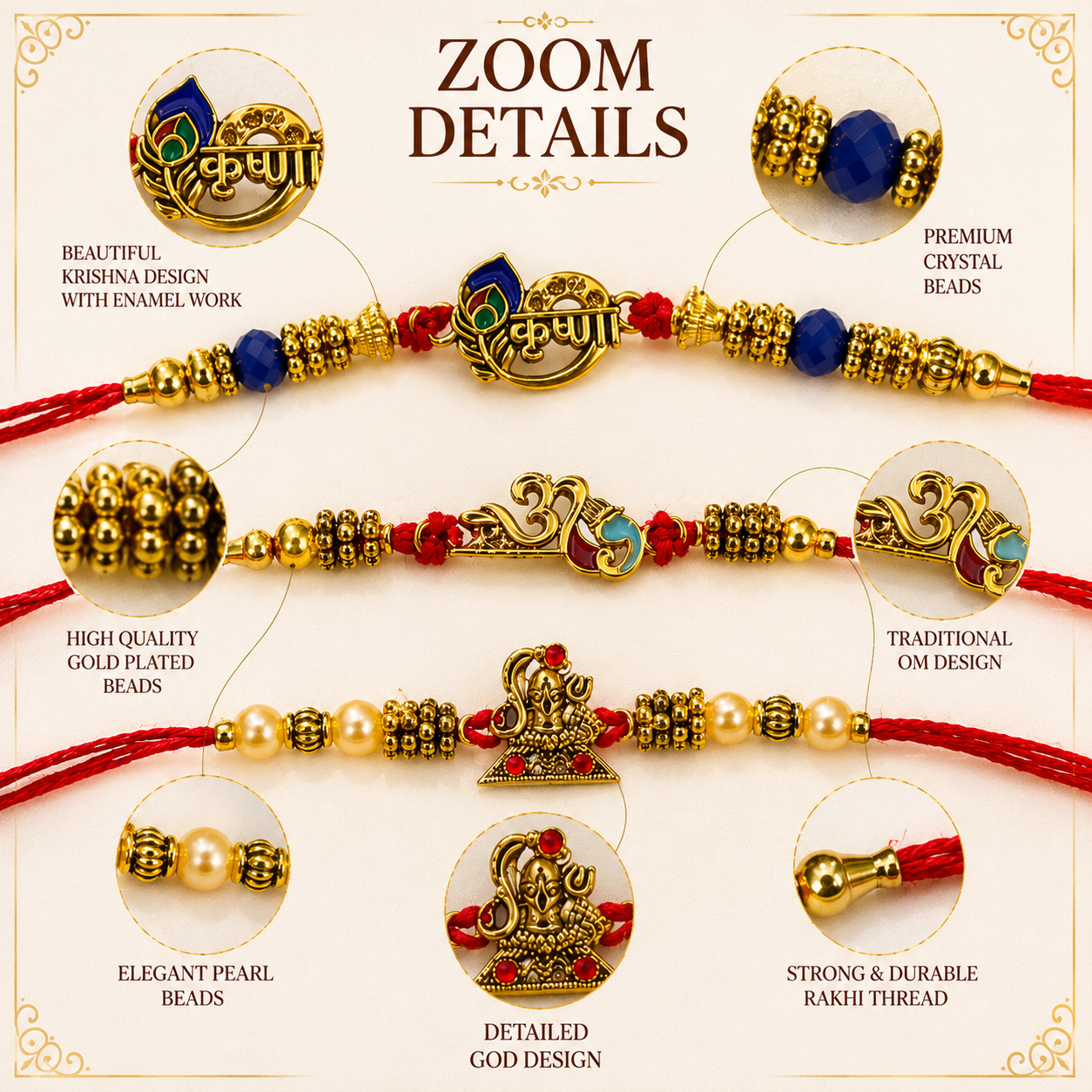 Designer Bhai Rakhi Combo Pack of 3 | Om, Krishna & Ganesh Premium Rakhi Set for Brothe