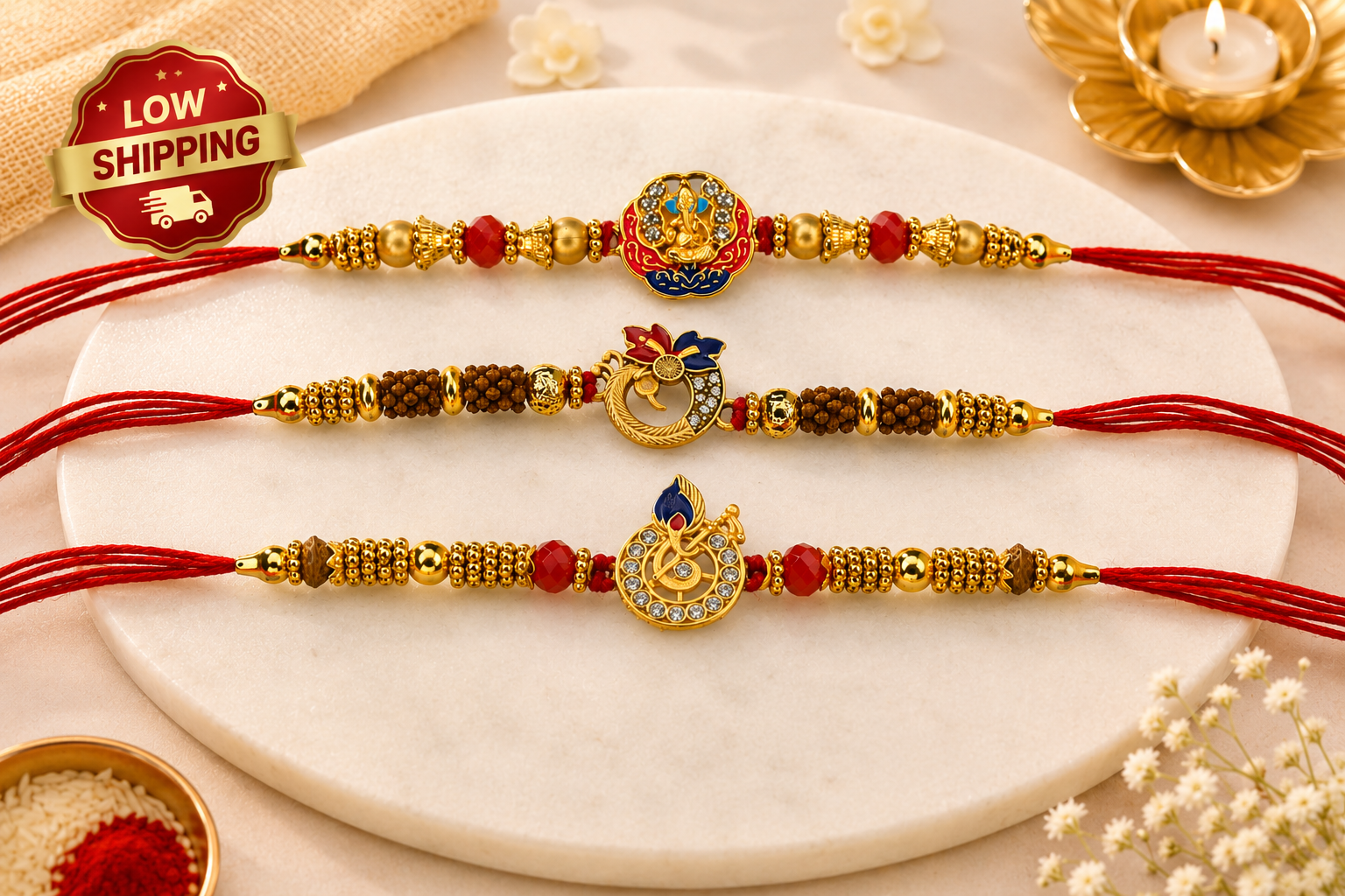 Designer Bhai Rakhi Combo Pack of 3 | Ganesh, Rudraksha & Trishul Damru Rakhi Set for Brother