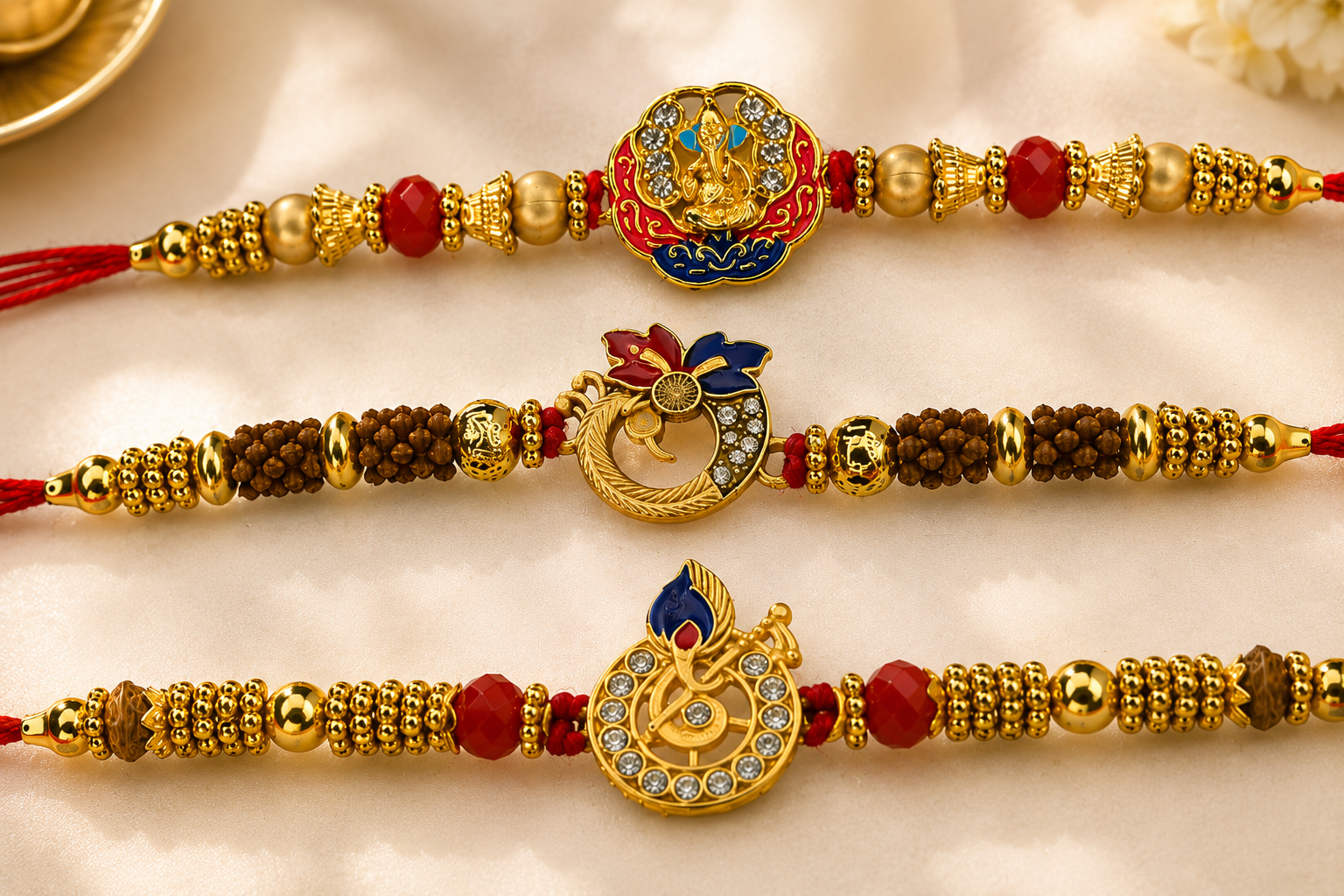 Designer Bhai Rakhi Combo Pack of 3 | Ganesh, Rudraksha & Trishul Damru Rakhi Set for Brother