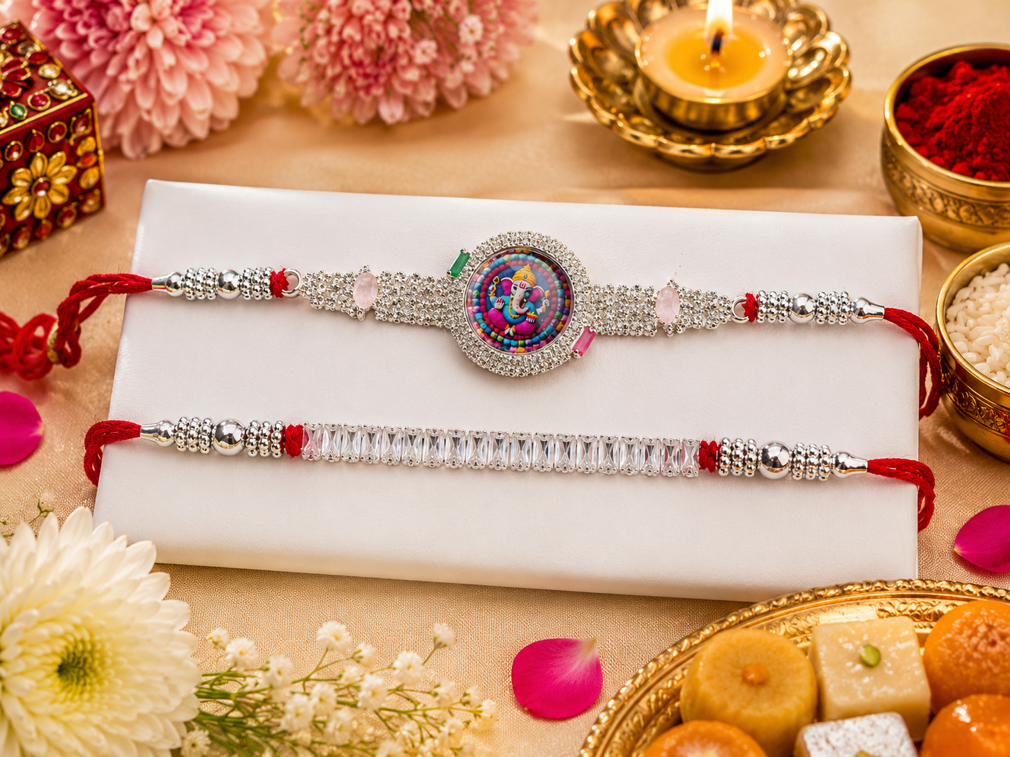Premium Ganesh Stone Rakhi Combo Pack of 2 | Artificial Diamond Designer Rakhi Set for Brother