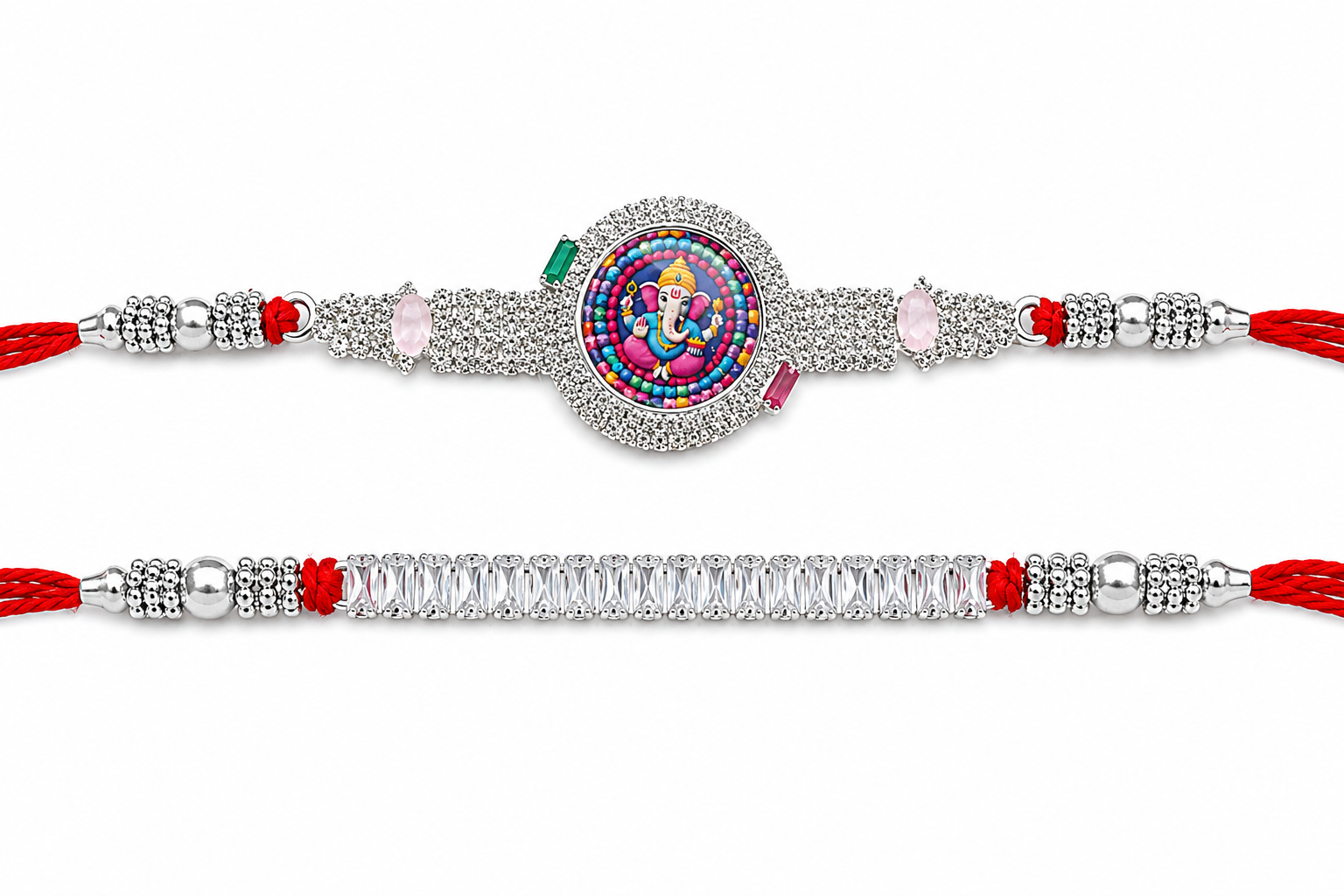 Premium Ganesh Stone Rakhi Combo Pack of 2 | Artificial Diamond Designer Rakhi Set for Brother