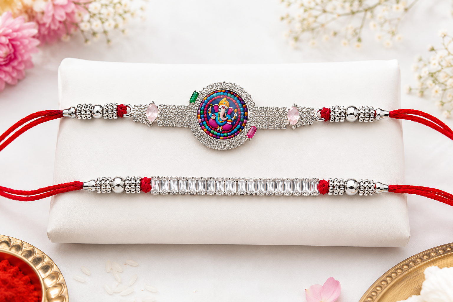 Premium Ganesh Stone Rakhi Combo Pack of 2 | Artificial Diamond Designer Rakhi Set for Brother