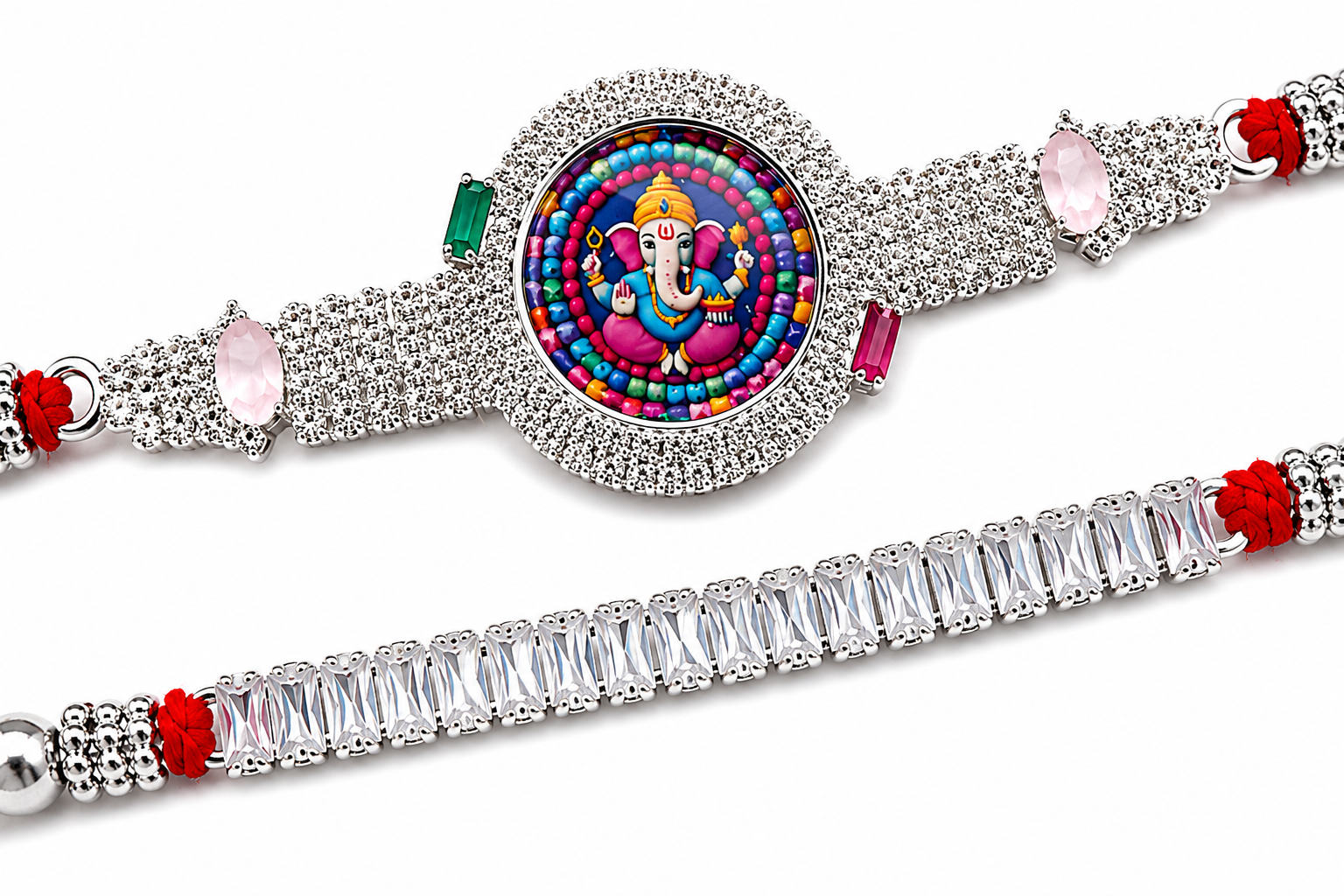 Premium Ganesh Stone Rakhi Combo Pack of 2 | Artificial Diamond Designer Rakhi Set for Brother