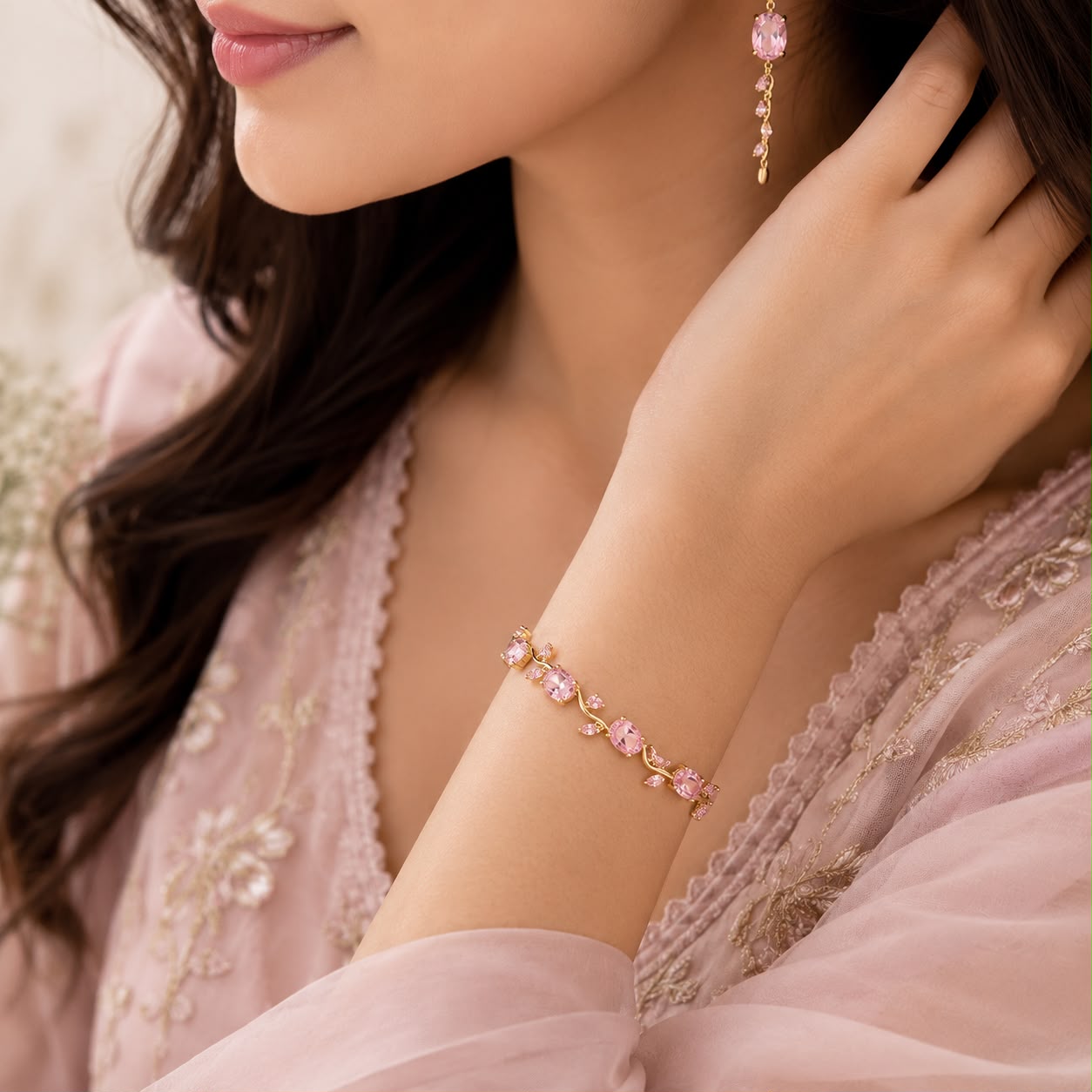 Blush Pink Tulip Bracelet for Women | Gold Plated Floral Crystal Bracelet |