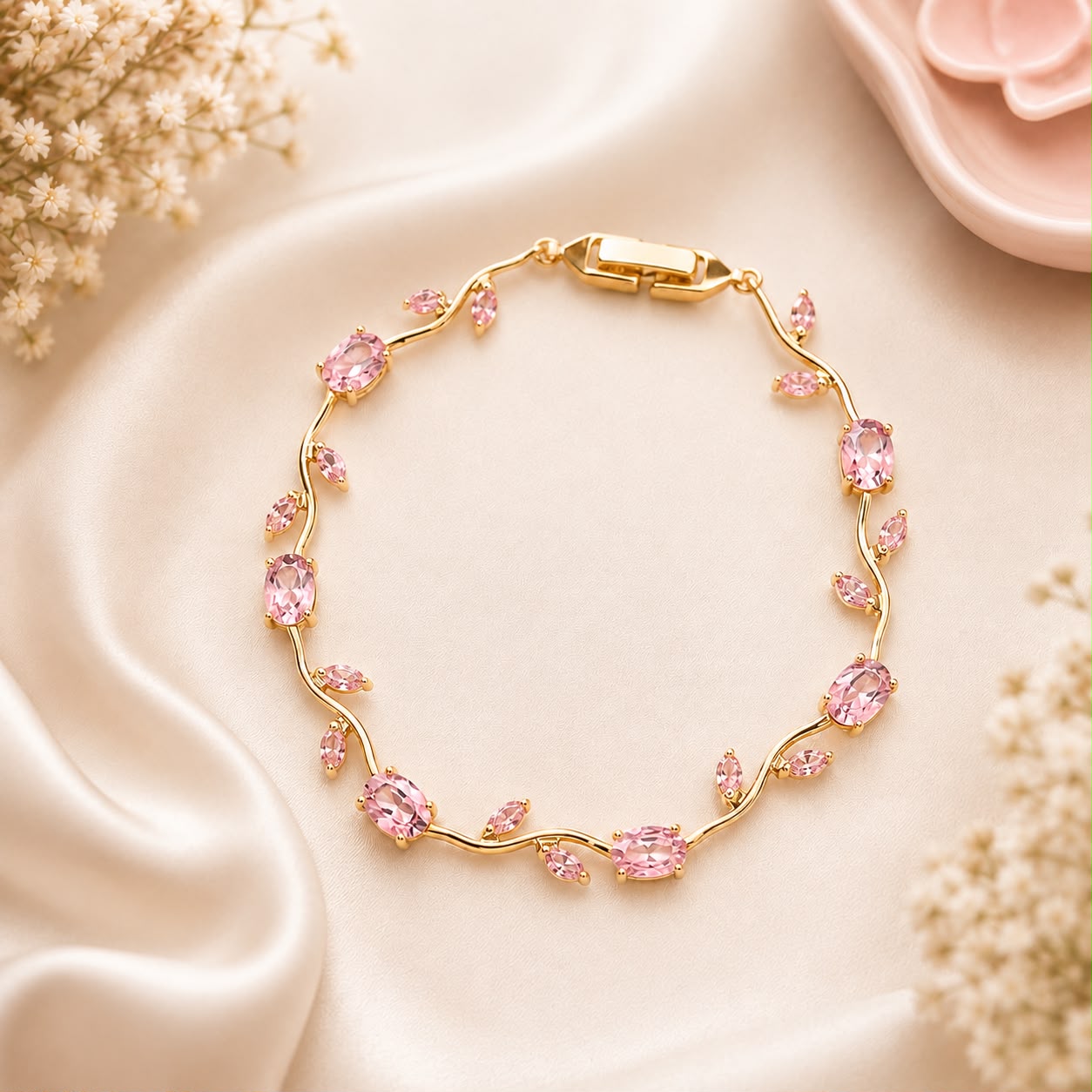Blush Pink Tulip Bracelet for Women | Gold Plated Floral Crystal Bracelet |