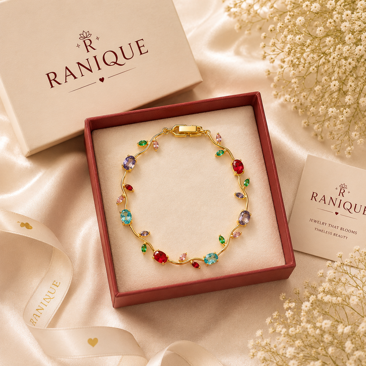 Ranique Multicolor Tulip Crystal Bracelet for Women | Gold Plated Floral Vine Bracelet