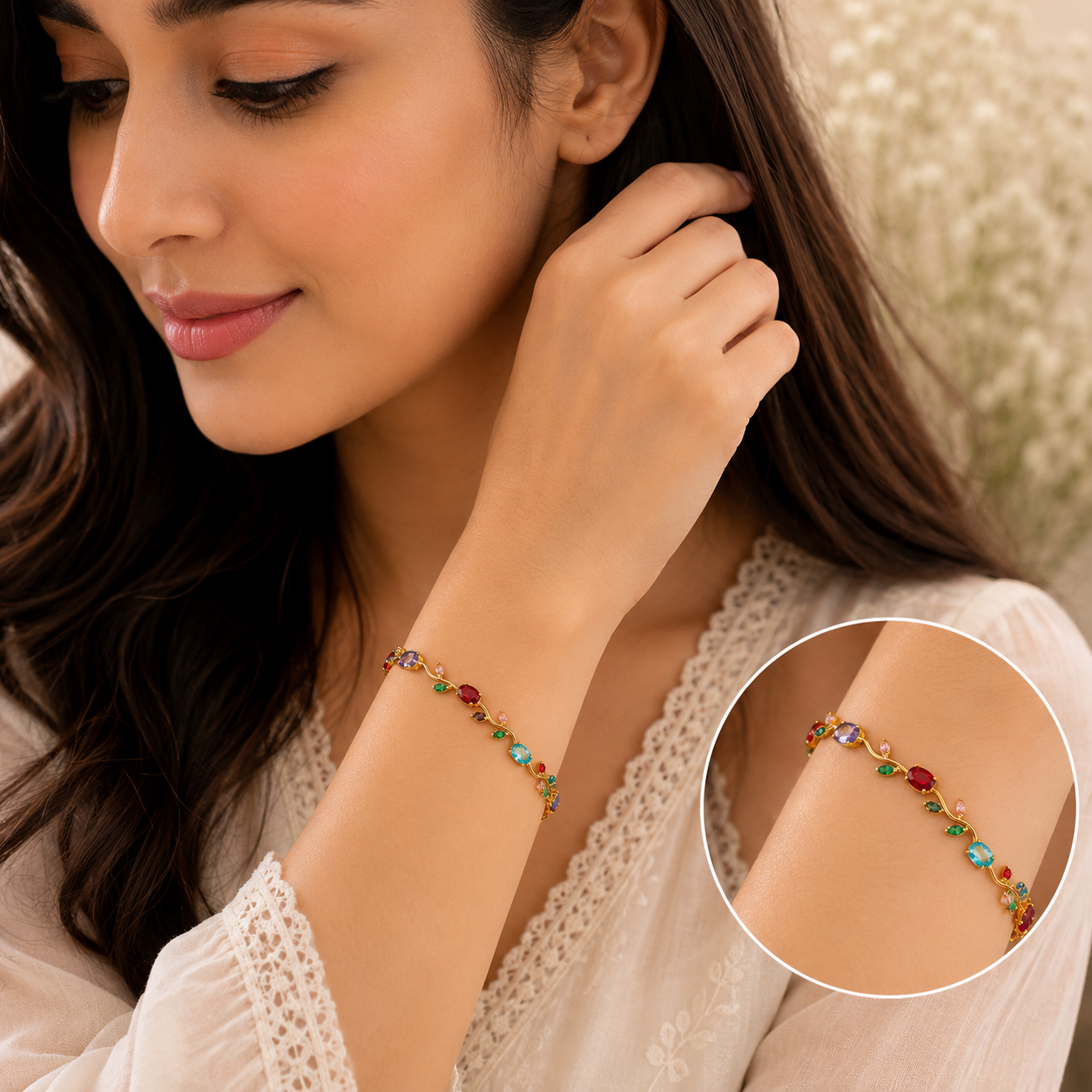 Ranique Multicolor Tulip Crystal Bracelet for Women | Gold Plated Floral Vine Bracelet