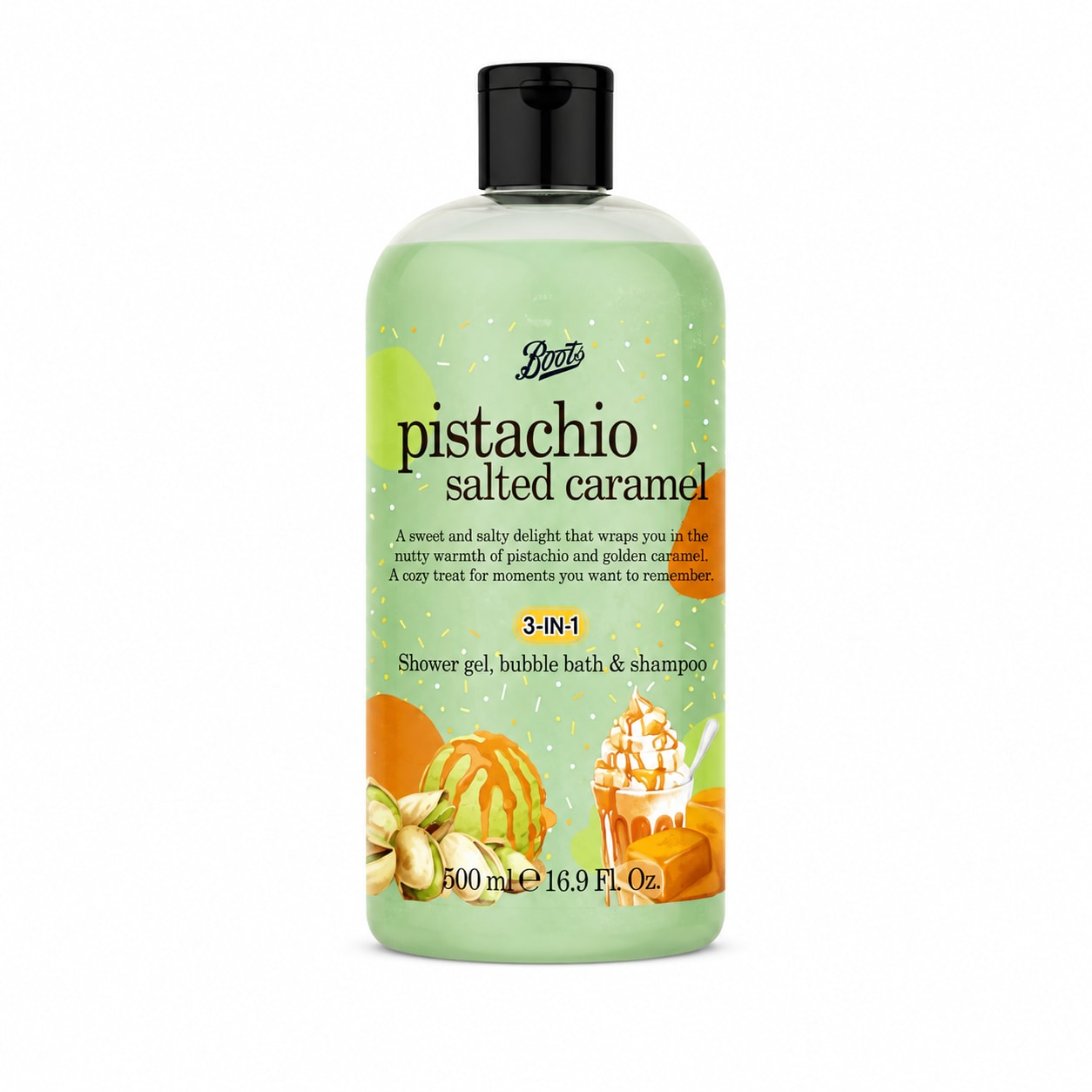 Boots Pistachio Salted Caramel 3-in-1 Shower Gel, Bubble Bath & Shampoo 500ml