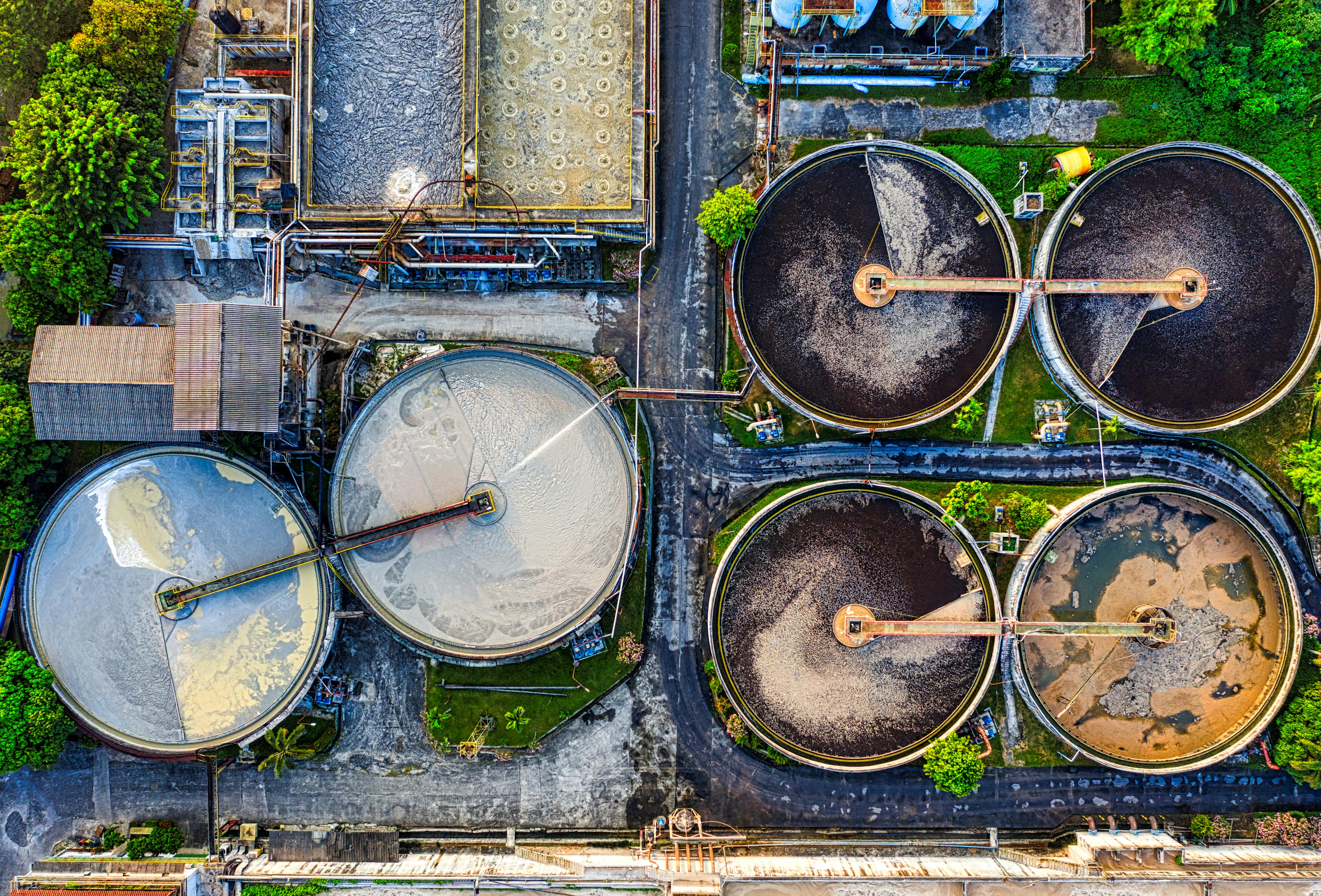 High-angle view of a water treatment facility in Serang, Indonesia during daytime.