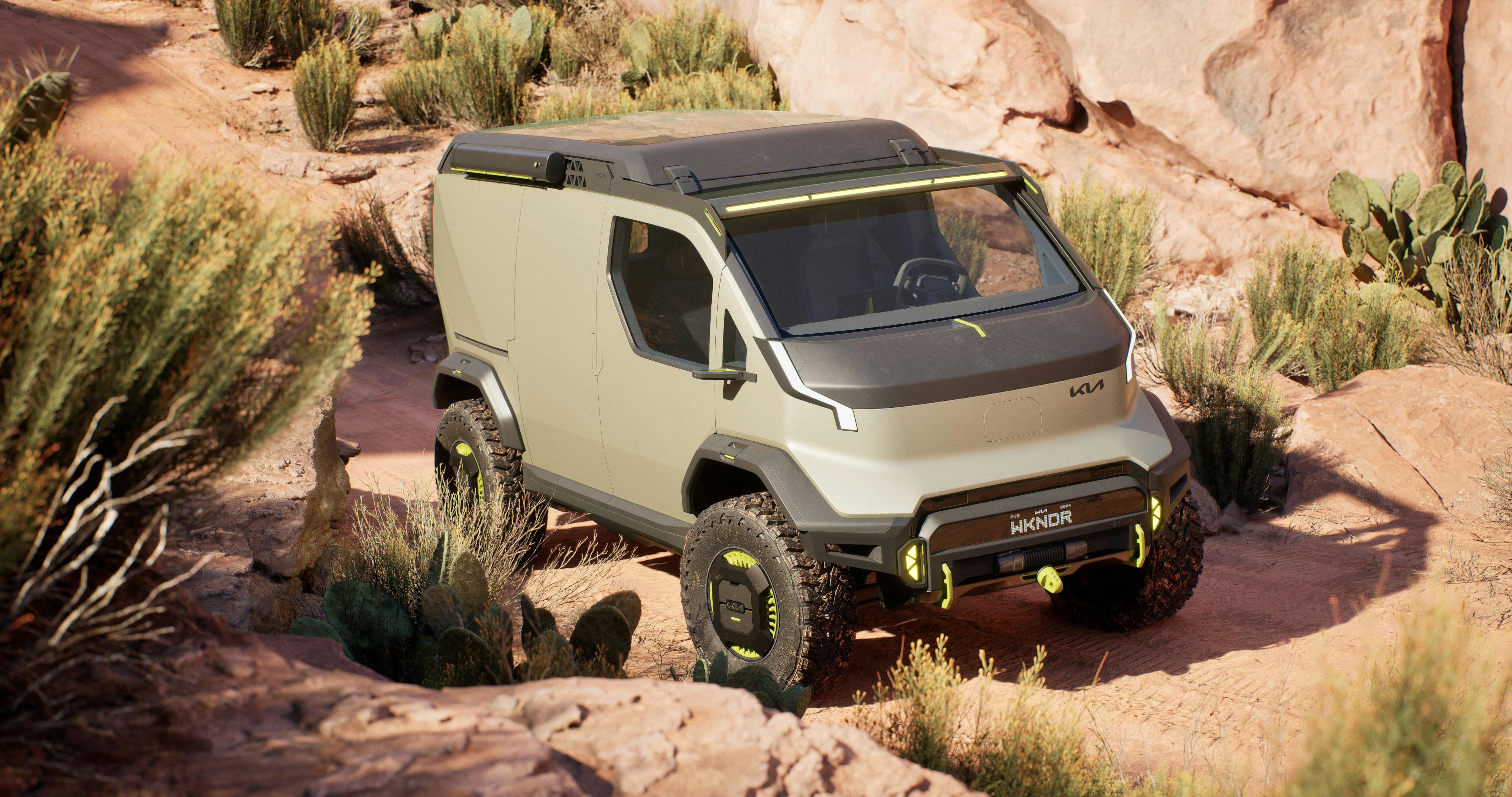 A concept vehicle designed for extreme off-road adventure in a rocky desert setting.