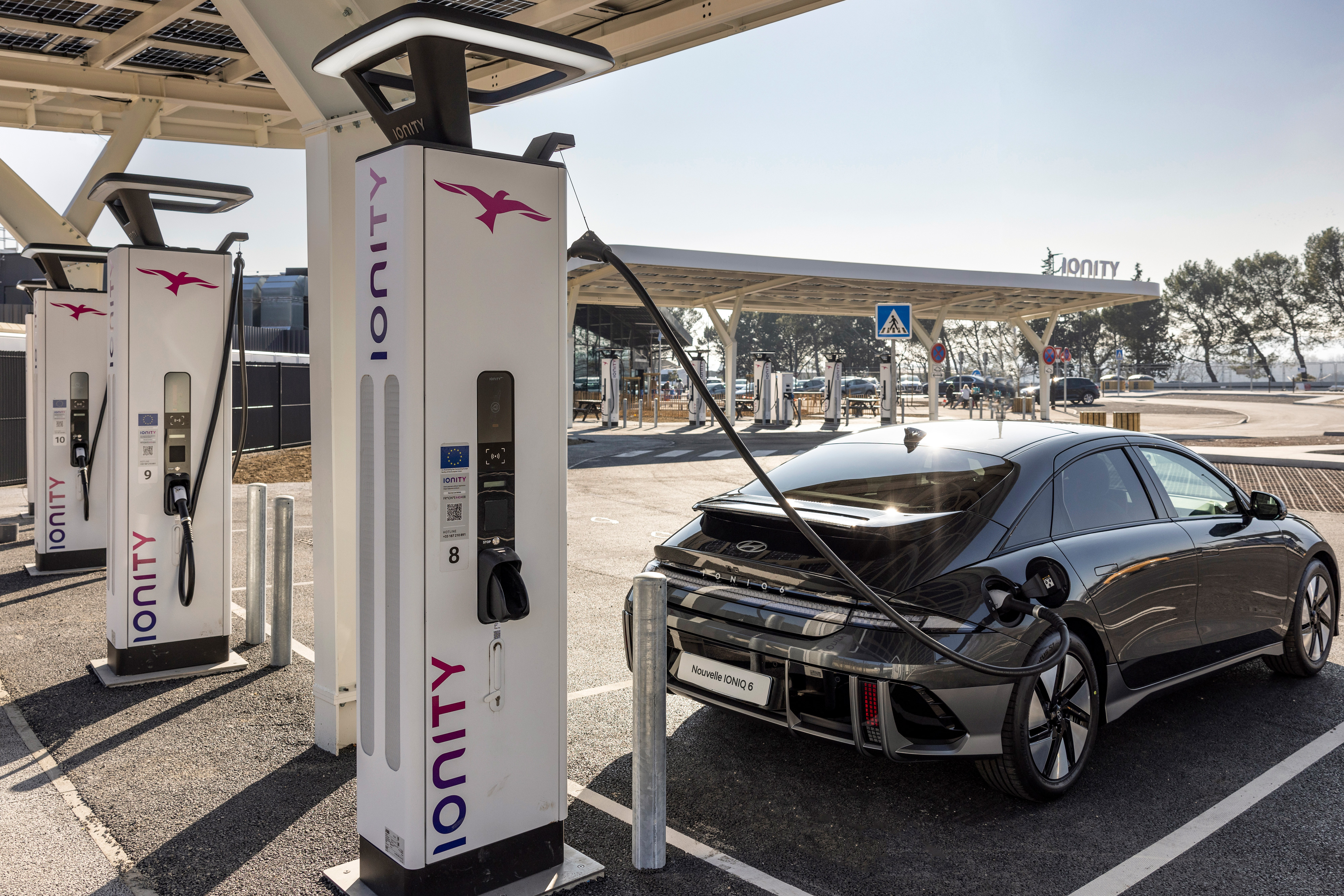 Ionity EV charging station with roof. Electric Vehicle fast charger.