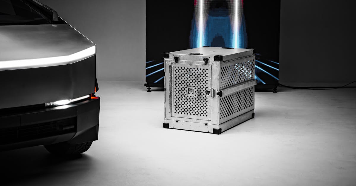Sleek metal dog crate next to Cybertruck in studio.