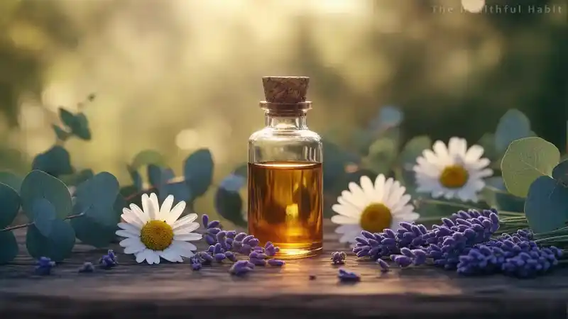 A bottle of lavender essential oil next to fresh lavender flowers on a wooden surface