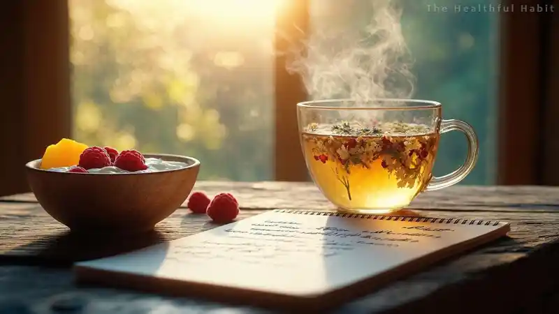 a clear glass cup filled with steaming herbal tea adorned with floating flowers and herbs exuding a sense of calm and wellness
