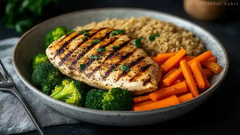 A grilled chicken breast with steamed vegetables and quinoa highlighting a balanced high-protein meal