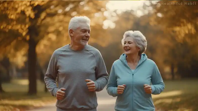A happy senior couple jogging in the park symbolizing a healthy lifestyle after 50